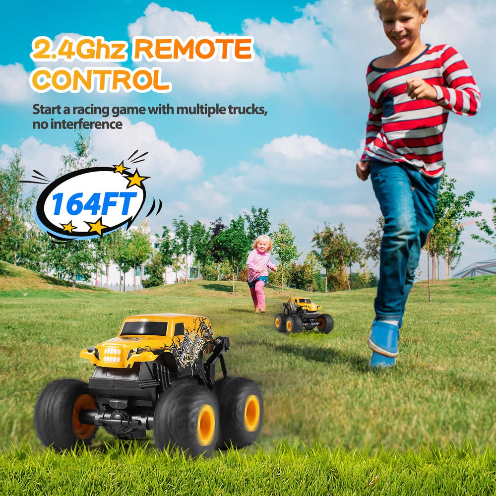 DYODYORC monster truck yellow in action performing 360 stunts on varied terrain