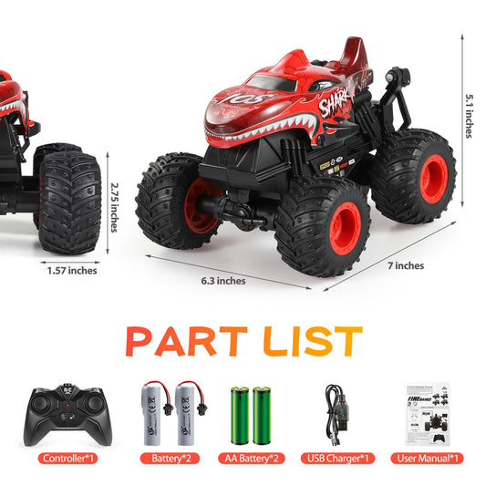 DYODYORC shark monster truck conquers grass and sand with sturdy off-road tires.