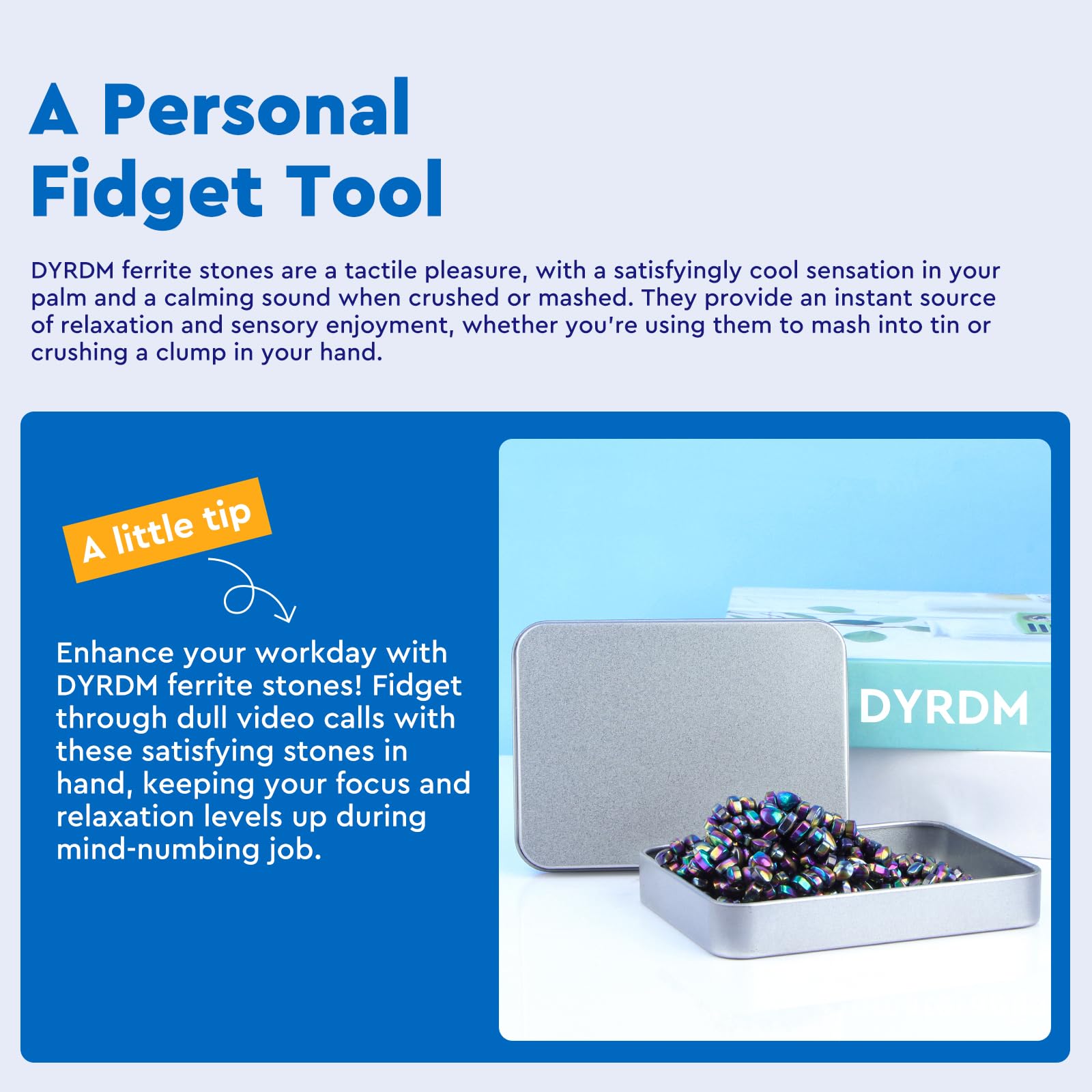 DYRDM ferrite stones on a tidy desk setup for productivity.