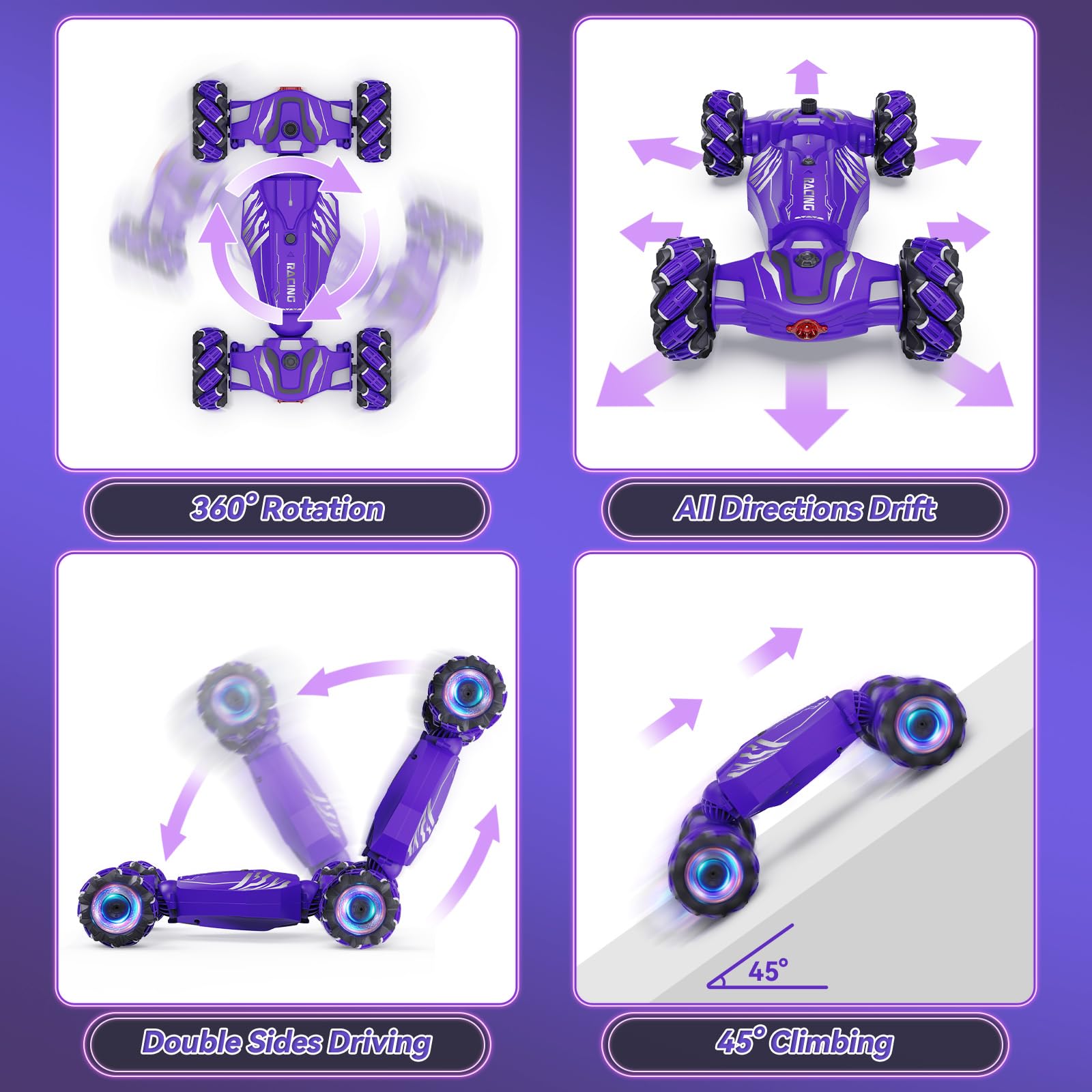 Dysaim Gesture RC Car with LED lights for night play and visibility.