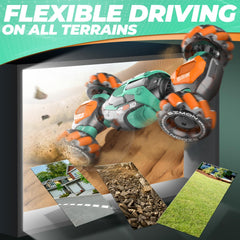 Dysaim gesture-sensing RC car 360-rotation view highlights rapid turning and mode switches