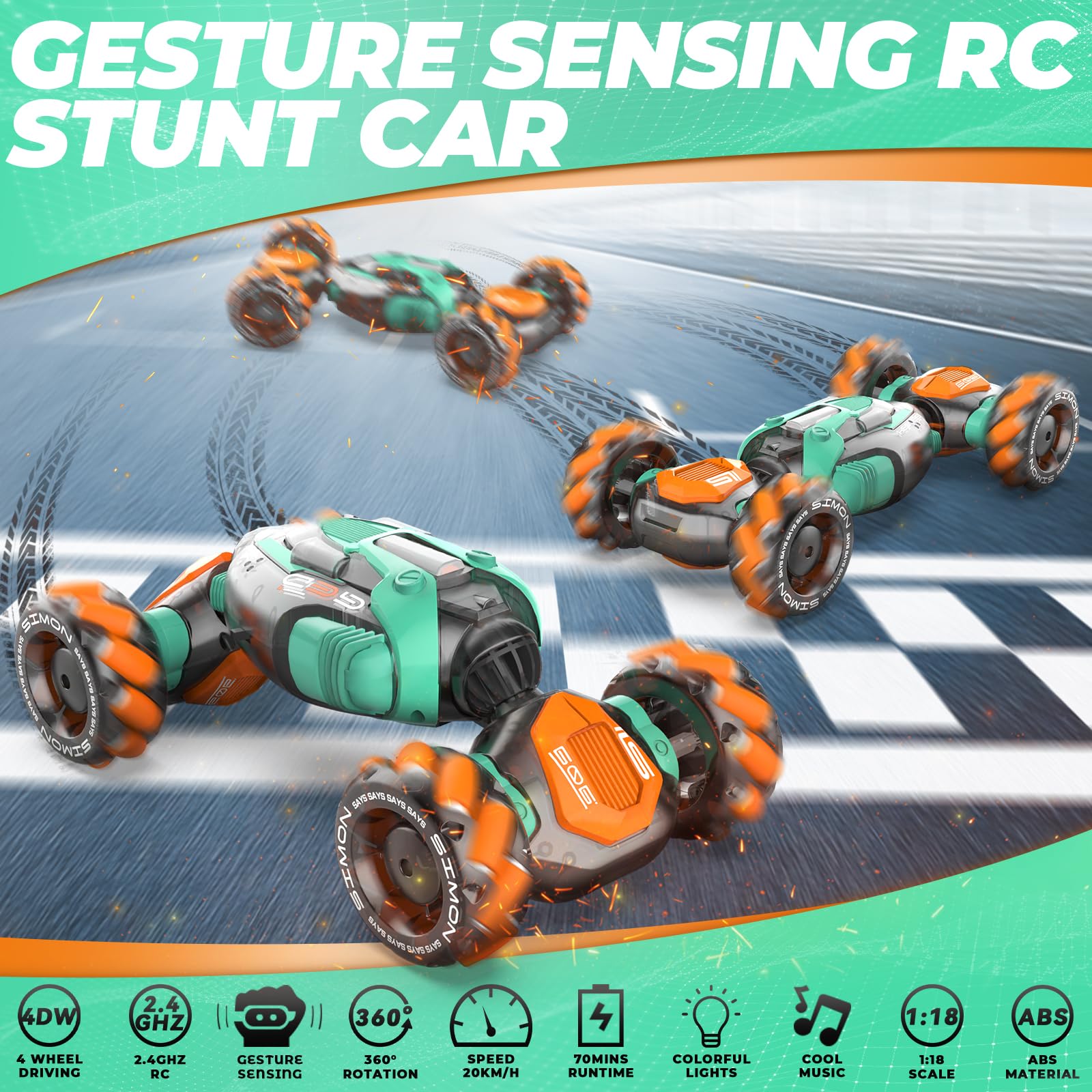 Dysaim gesture-sensing RC car side view shows 360° rotation for stunts