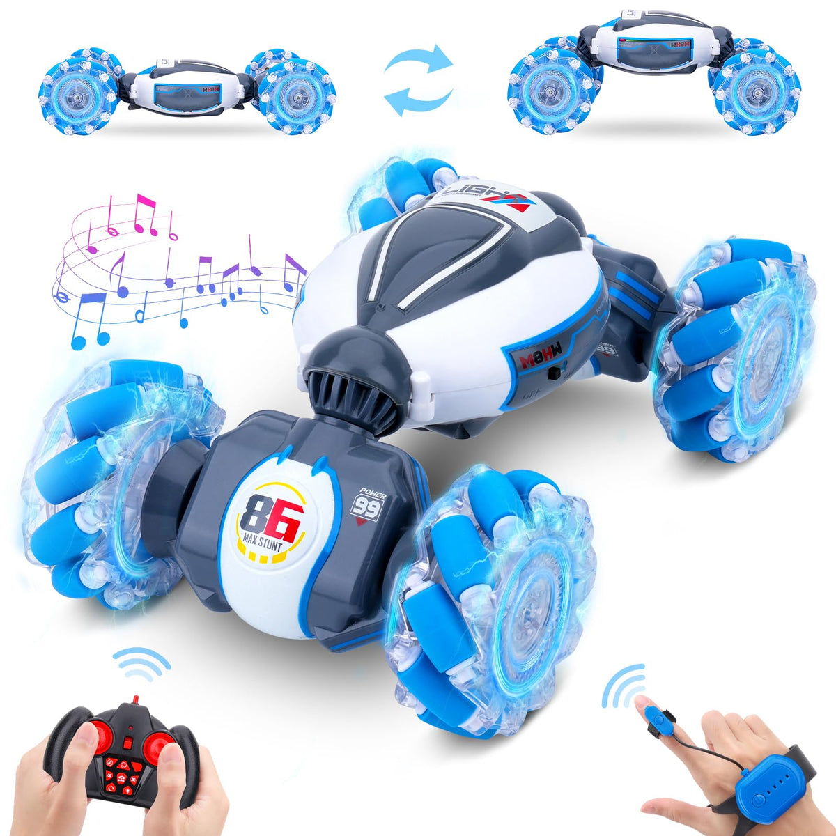 Dysaim Gesture Sensing RC Stunt Car front view with bright lights and action