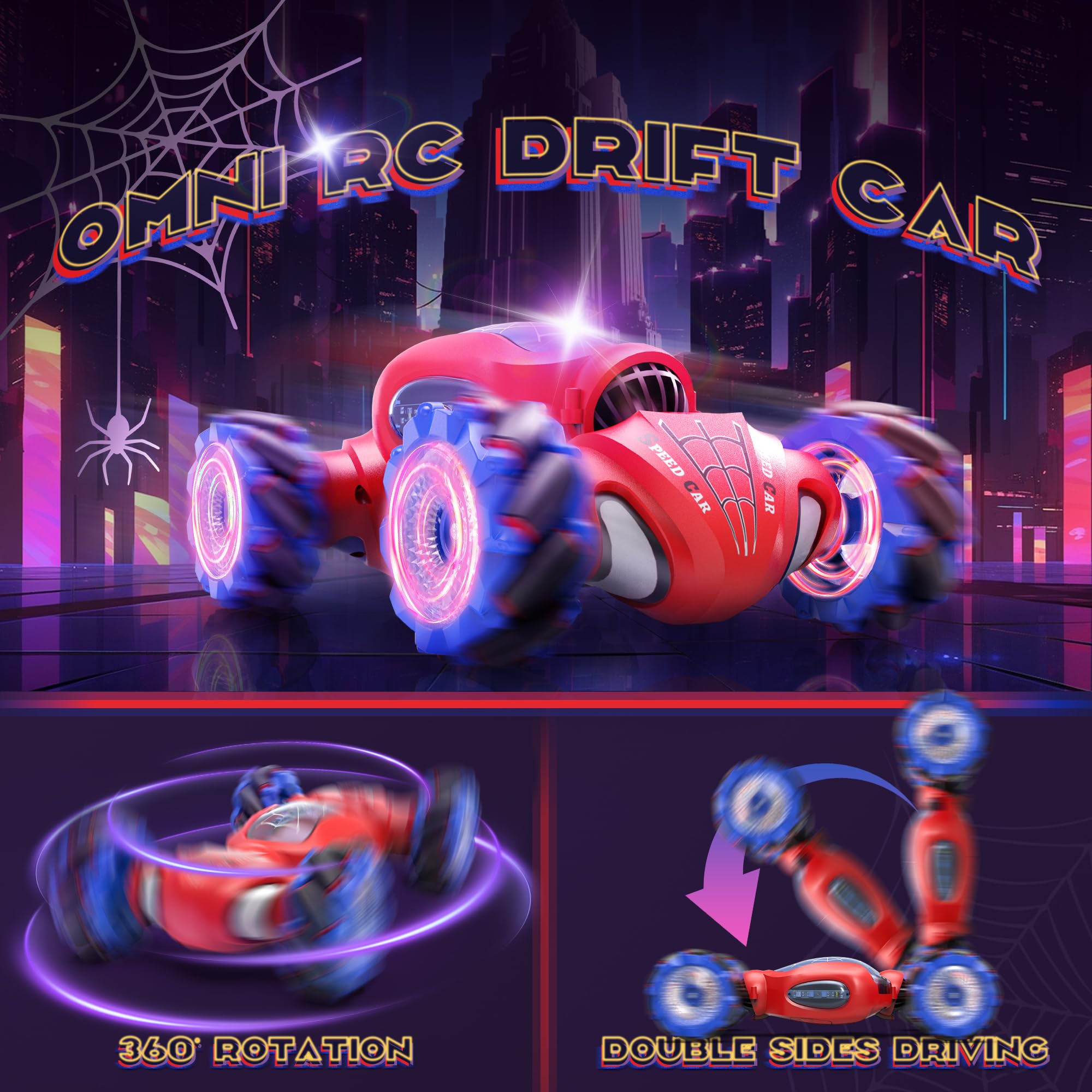 Dysaim Spider RC Car with color-changing lights and music for immersive nighttime fun.