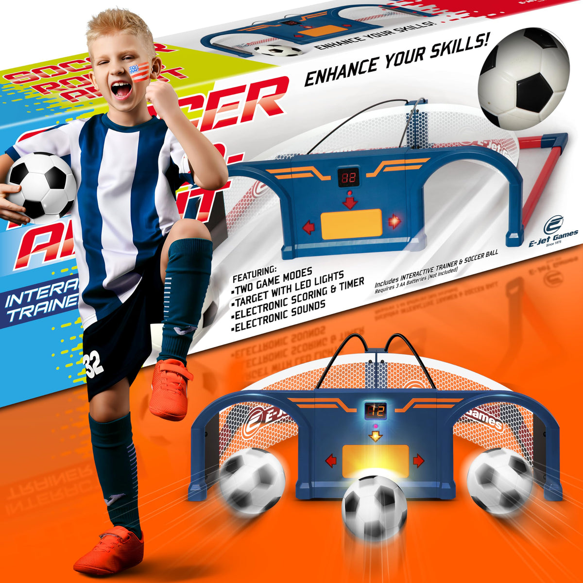 E E-JET GAMES Soccer Trainer front view helps improve first touch and coordination.