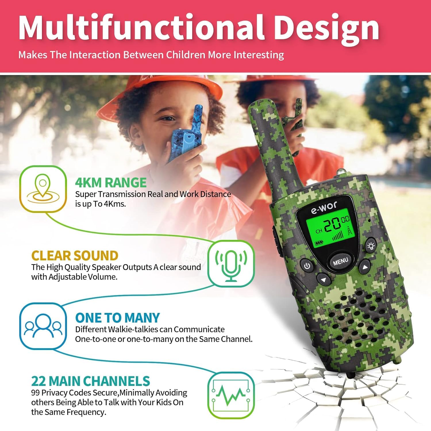 E-WOR walkie talkies offer 22 channels and 99 CTCSS to reduce interference