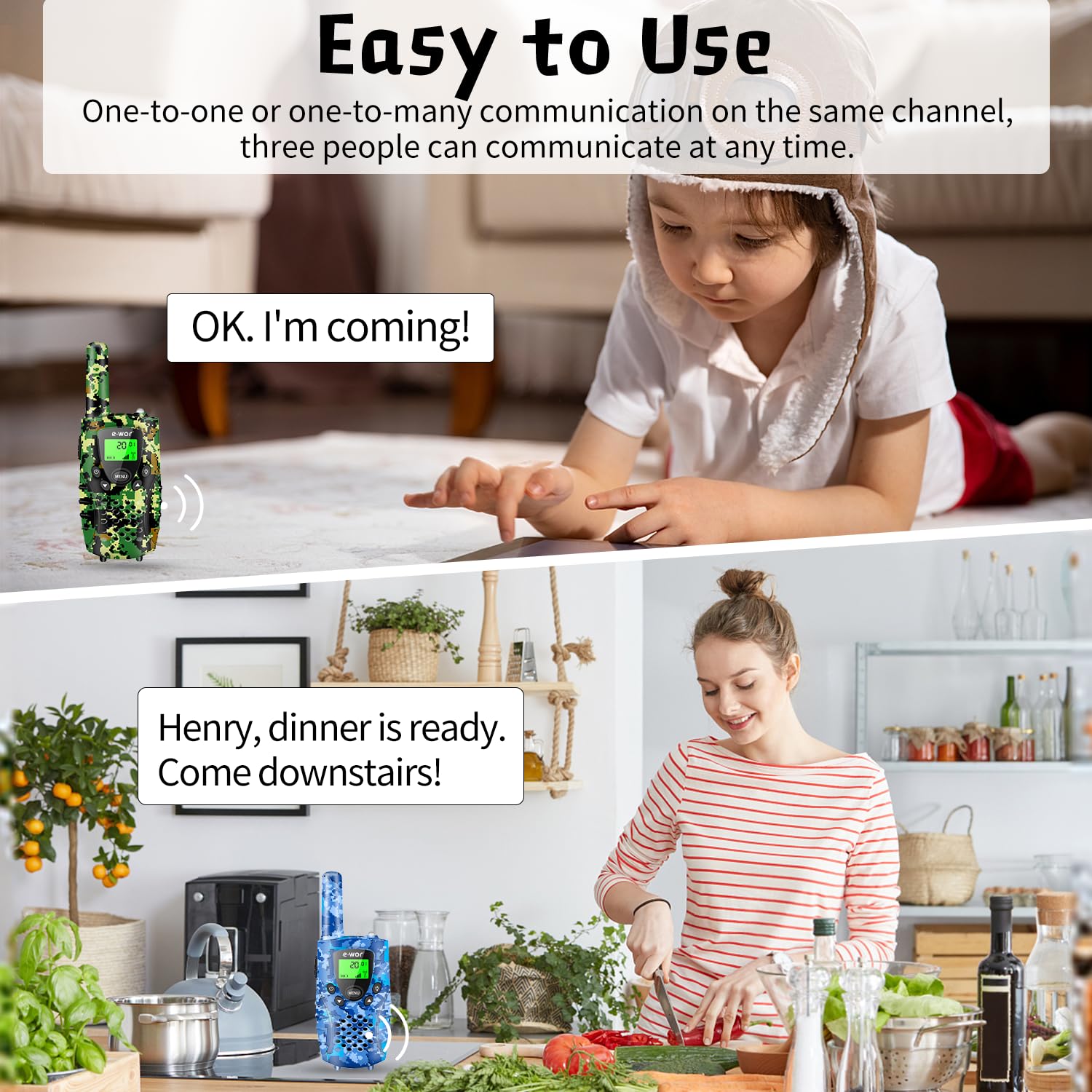 Key lock keeps channel settings stable on E-WOR kids walkie talkies