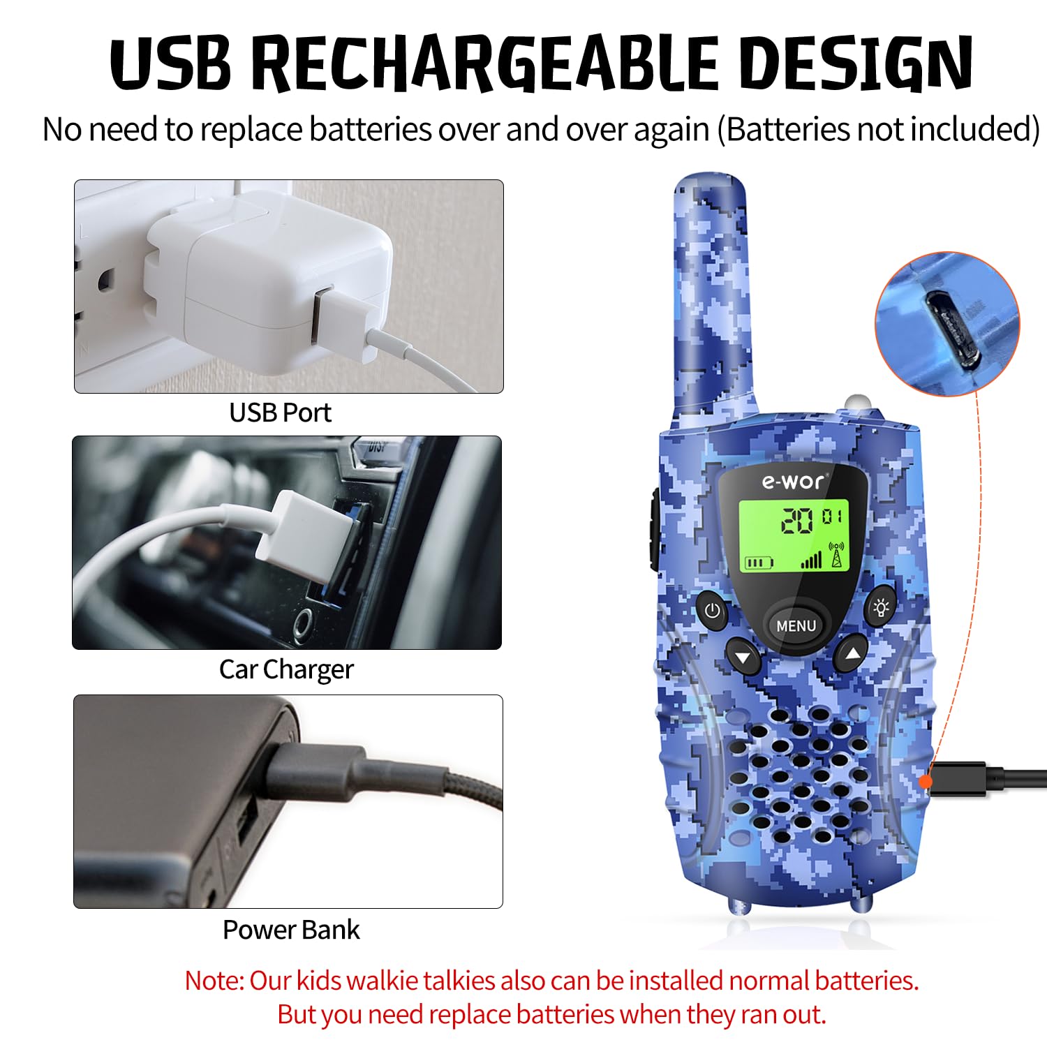 E-WOR Walkie Talkies compact, lightweight design fits young hands