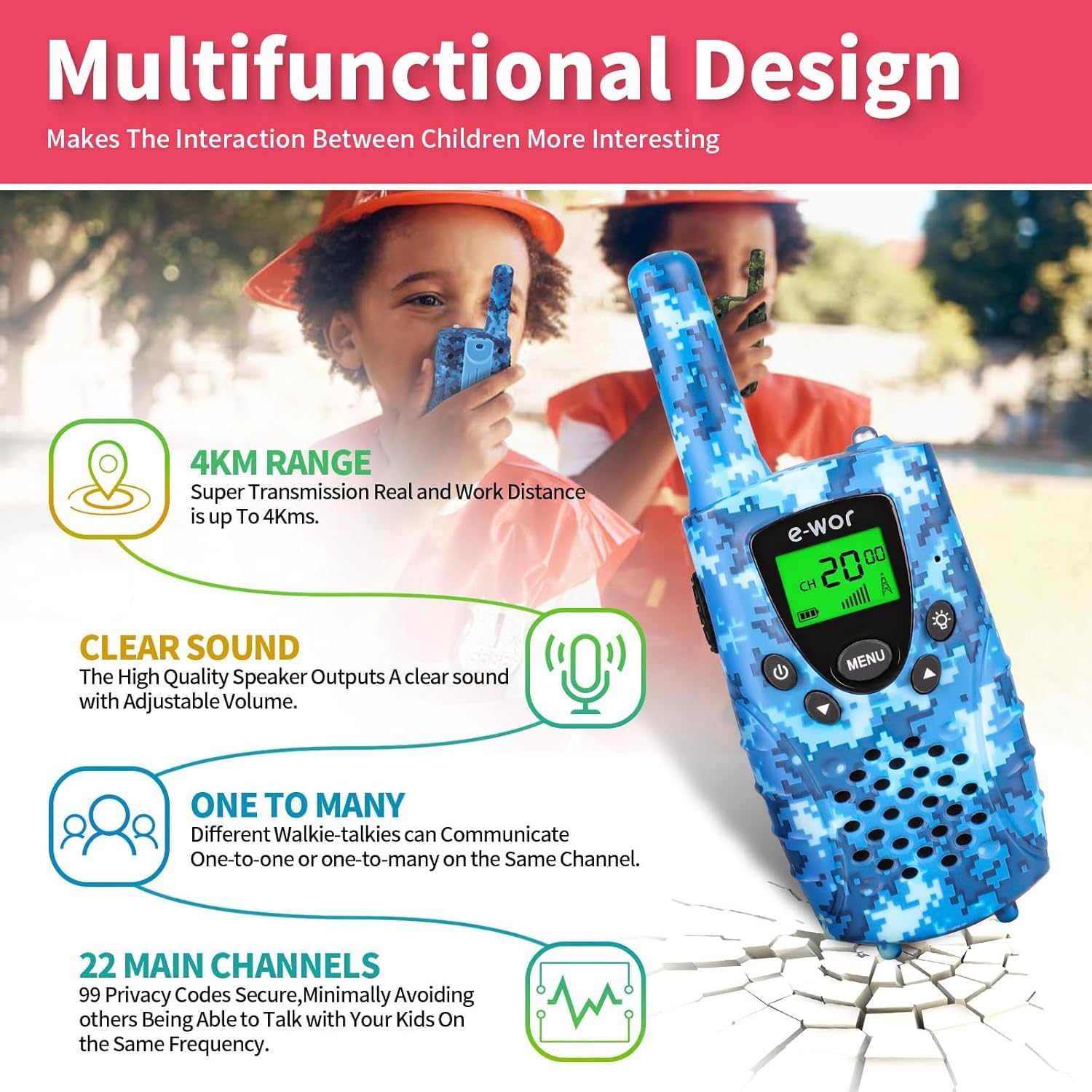 E-WOR Kids Walkie Talkies with USB charging cables for rechargeable convenience