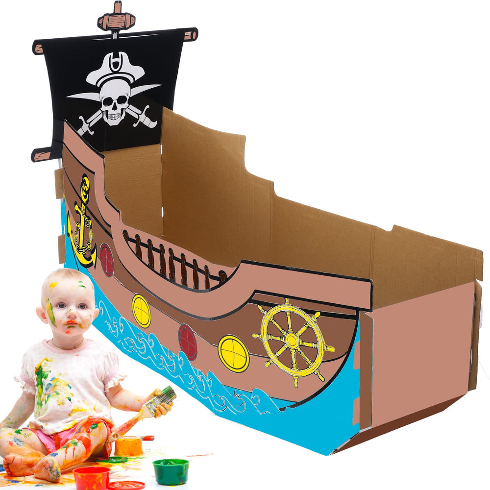 Eaasty pirate ship playhouse setup demonstrates easy coloring and decorating.