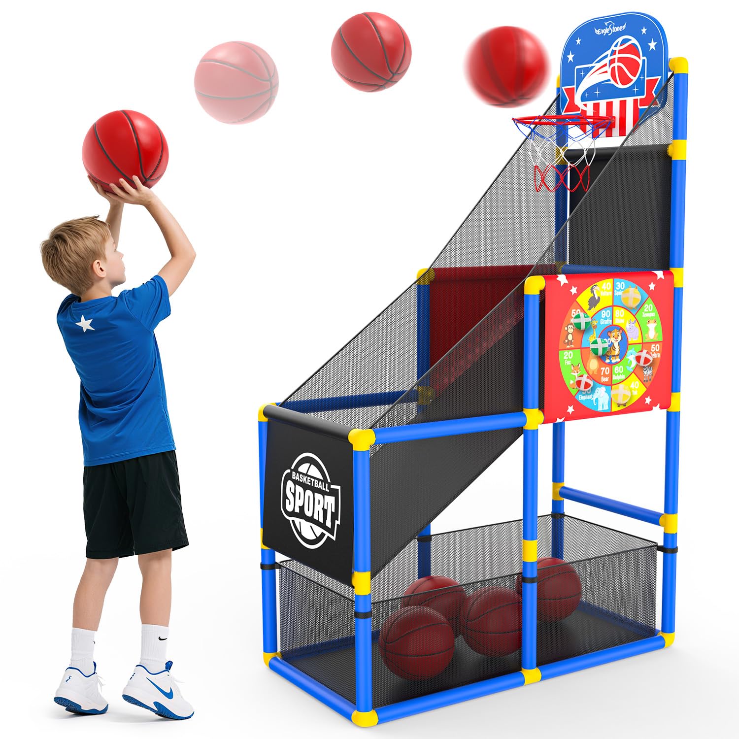EagleStone 2-in-1 arcade hoop and dart board boosts active play.