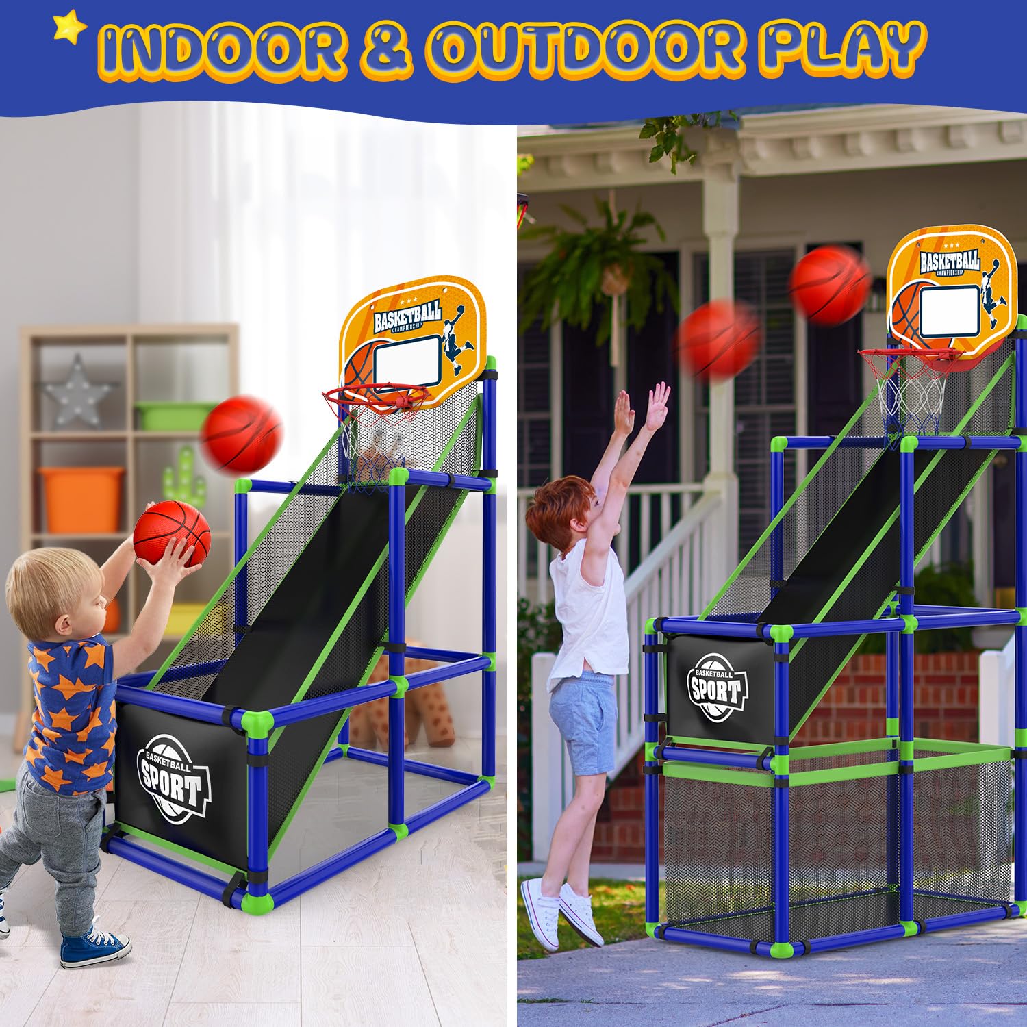 EagleStone basketball hoop base storage keeps balls and toys organized