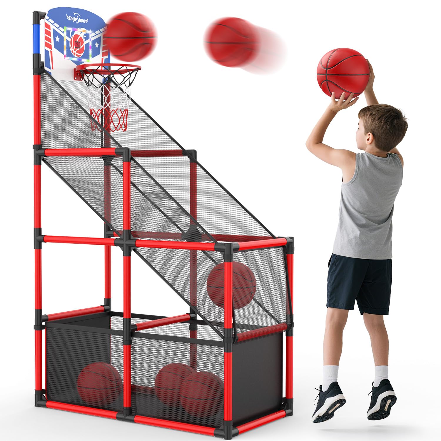 EagleStone Kids arcade hoop full setup with LED lights offers arcade-style play.