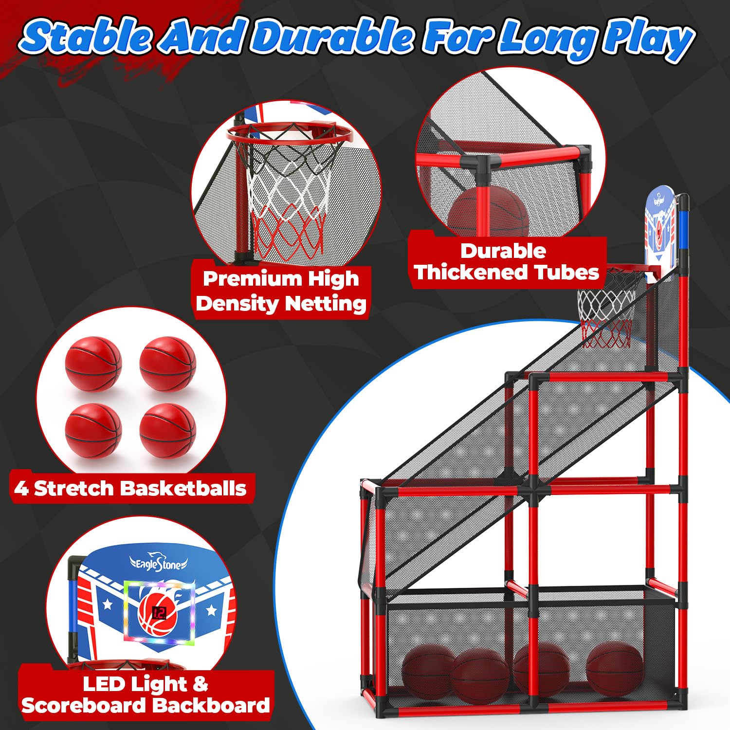 EagleStone storage net at the base keeps balls and toys handy.