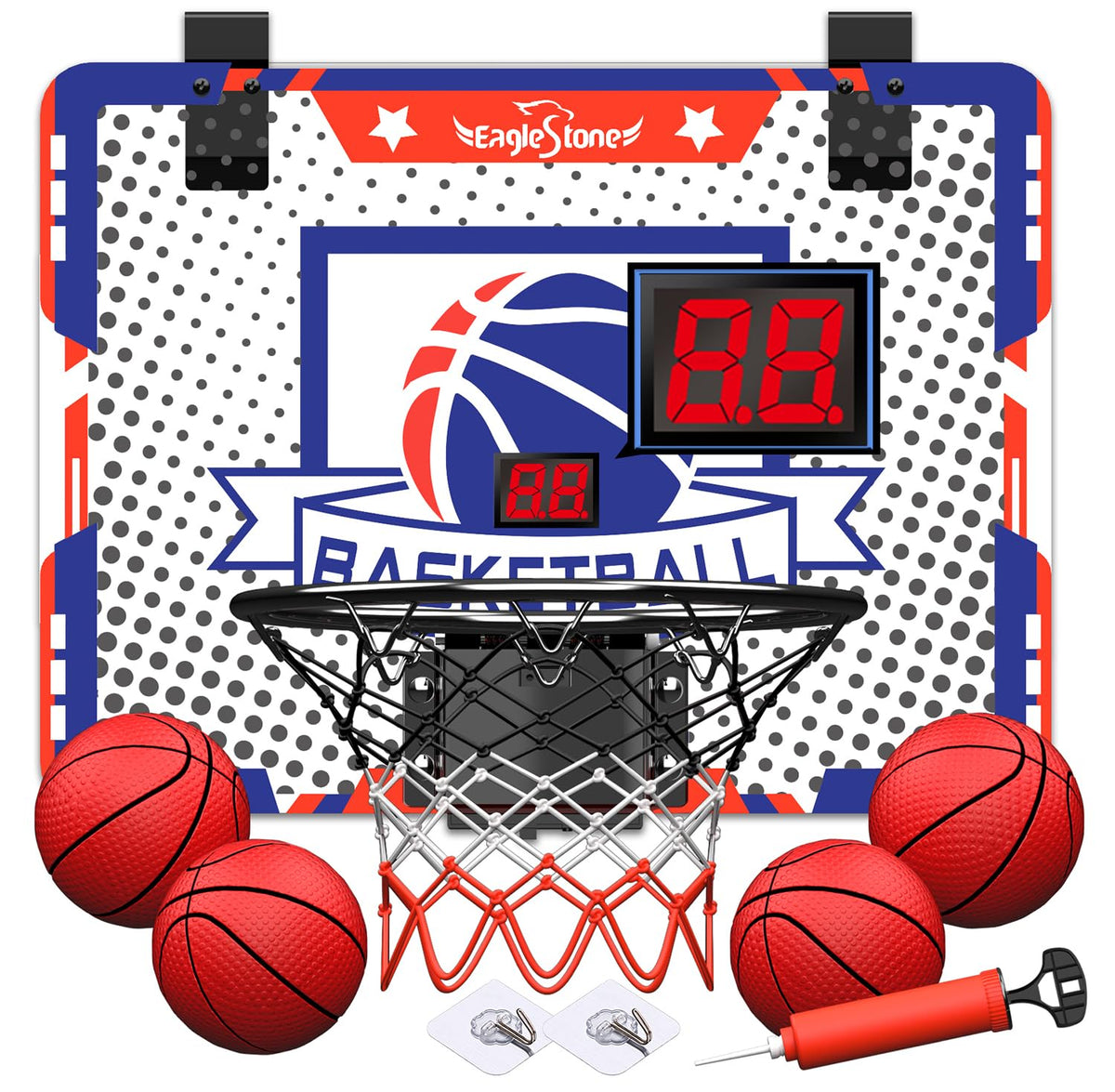 EagleStone Kids indoor basketball hoop with over-door backboard for quick at-home fun.