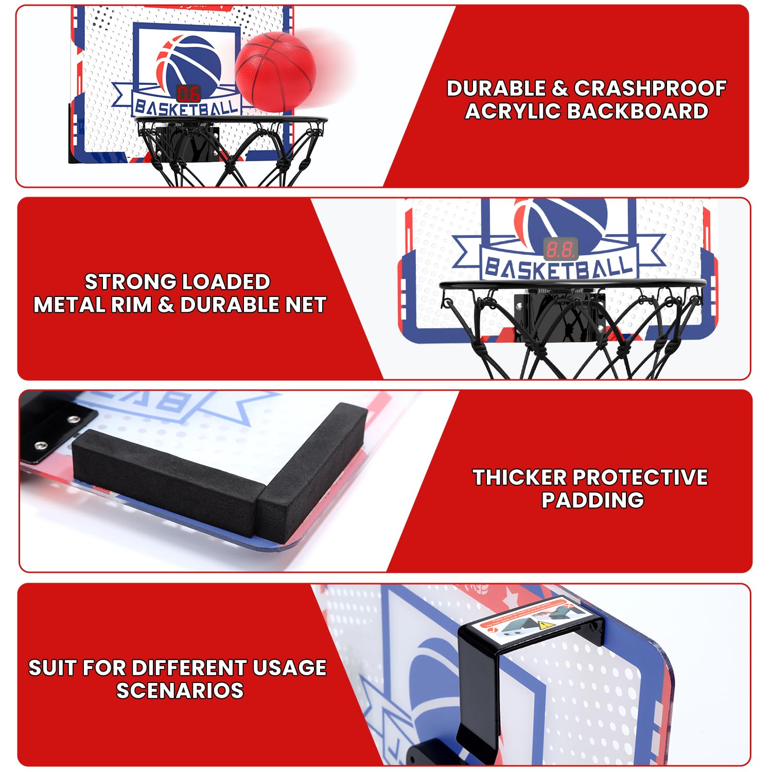 Thick protective padding and a durable backboard guard doors during shots.
