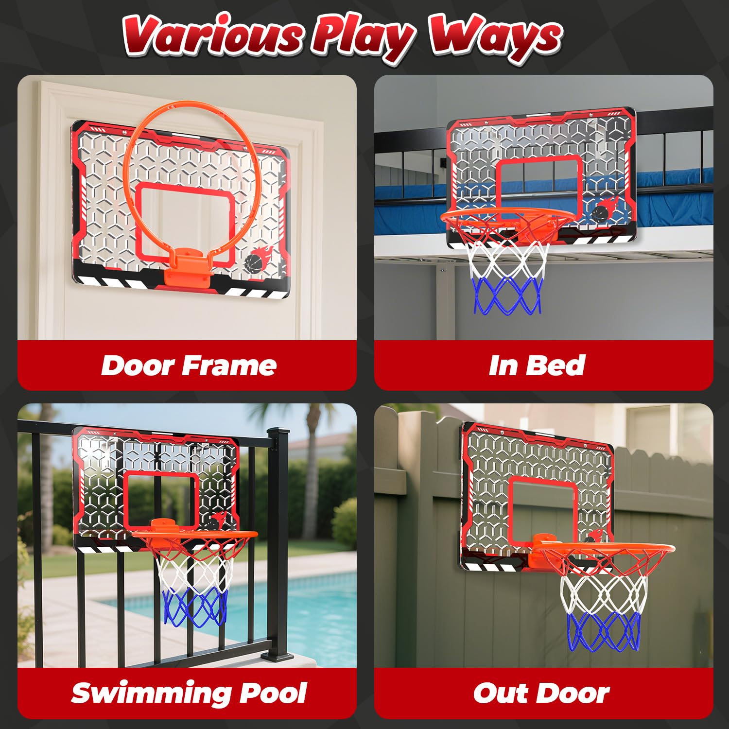 EagleStone mini basketball hoop foam padding reduces noise during shots.
