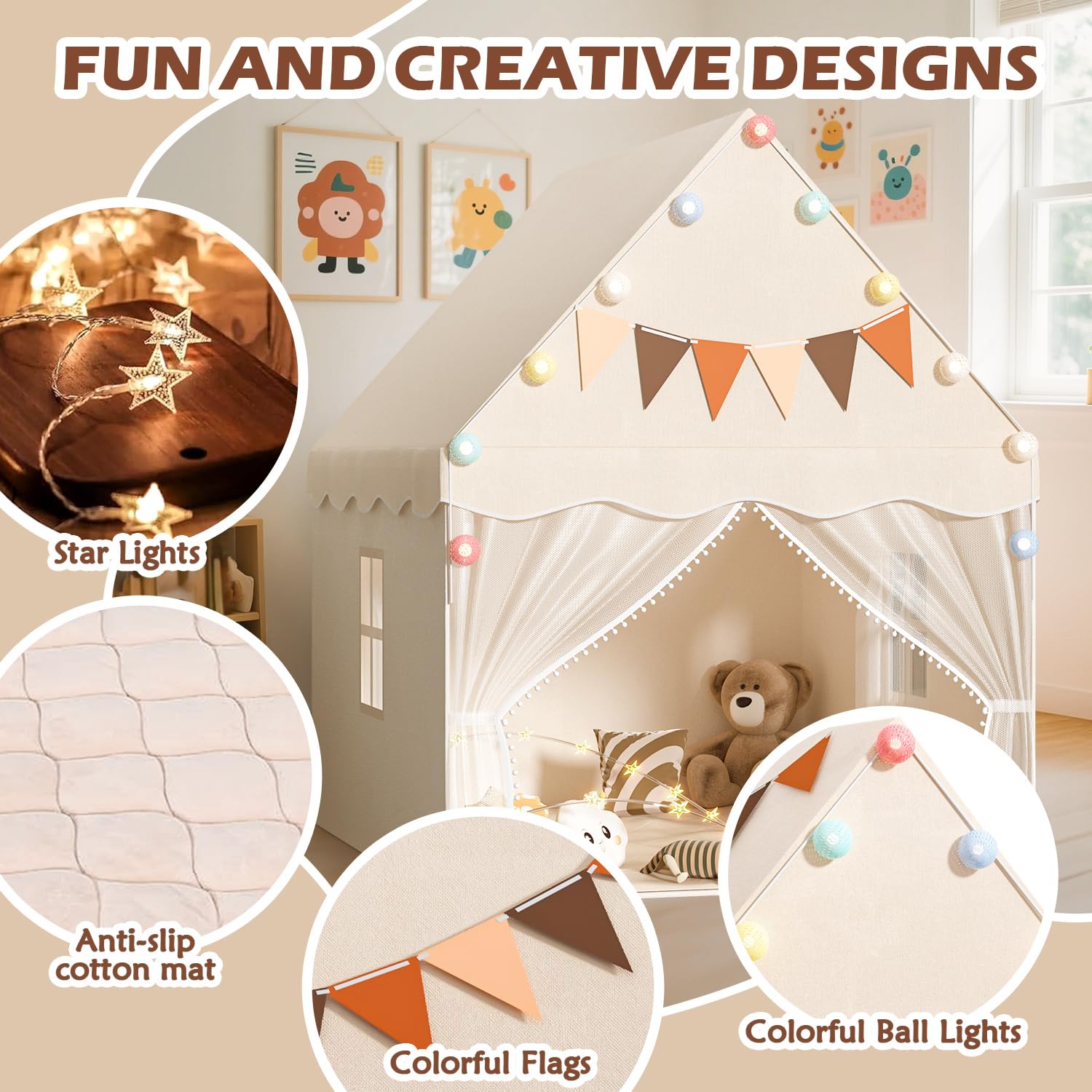 EagleStone neutral color play tent complements any room during playtime.