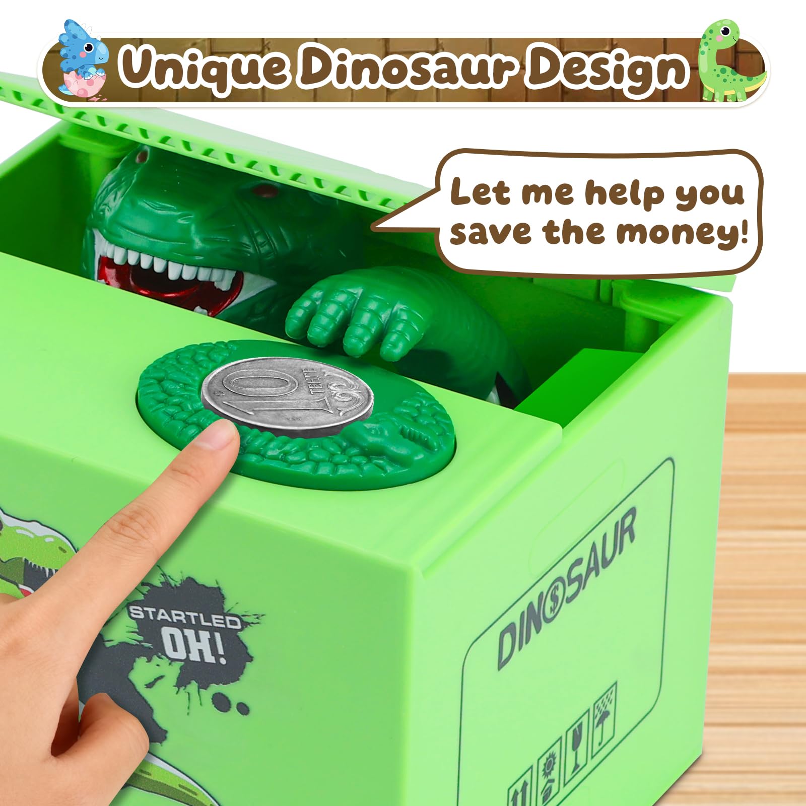 Eaistose dinosaur raises head after coin placement for savings excitement
