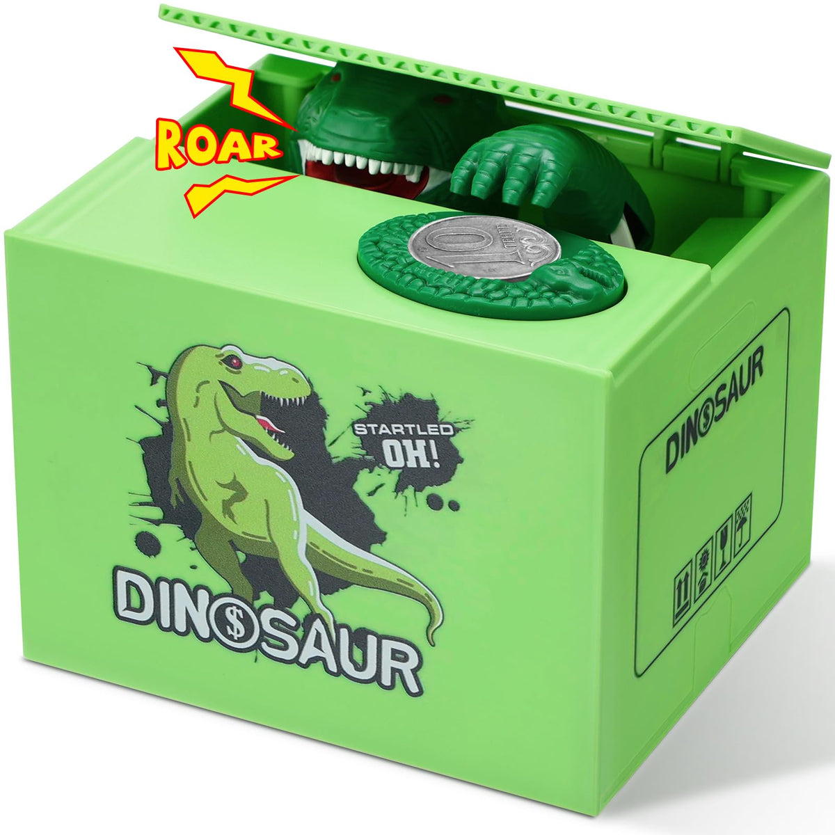 Eaistose dinosaurs piggy bank front view with coin-stealing action