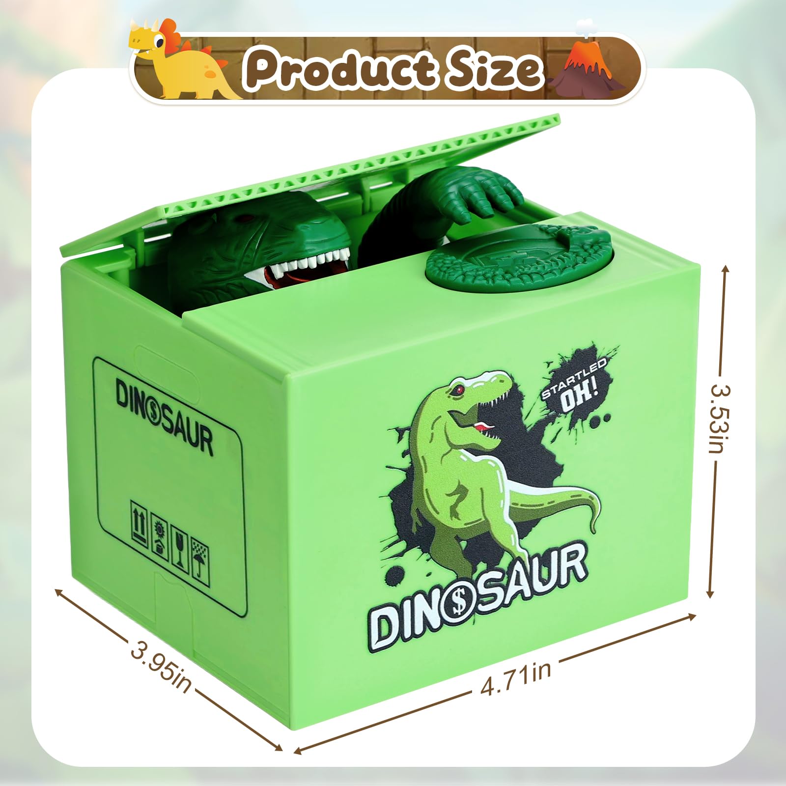 Kids playing with the Eaistose dinosaur piggy bank during pretend savings