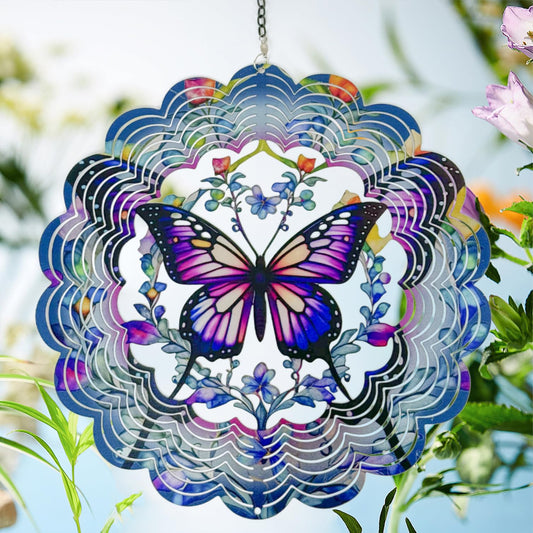 Eandisom 3D butterfly wind spinner in steel design enhances porch lighting at dusk.