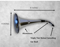 Ear Trumpet gag gift black and silver angle view showcases portable prank readiness.