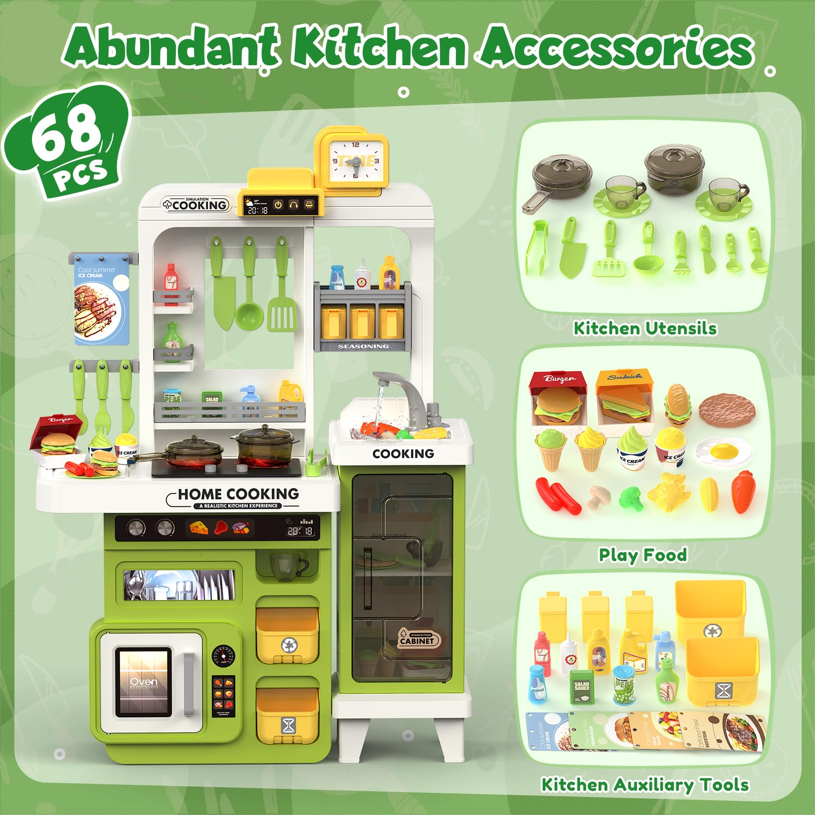 Easface Kids Kitchen Playset lights and sounds create engaging, lifelike cooking moments for kids.