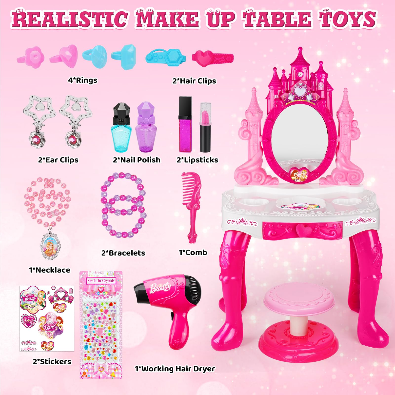 Easface heart-button mirror lights and music spark princess mood.