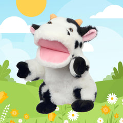 Easfan cow hand puppet with movable mouth for interactive storytelling.