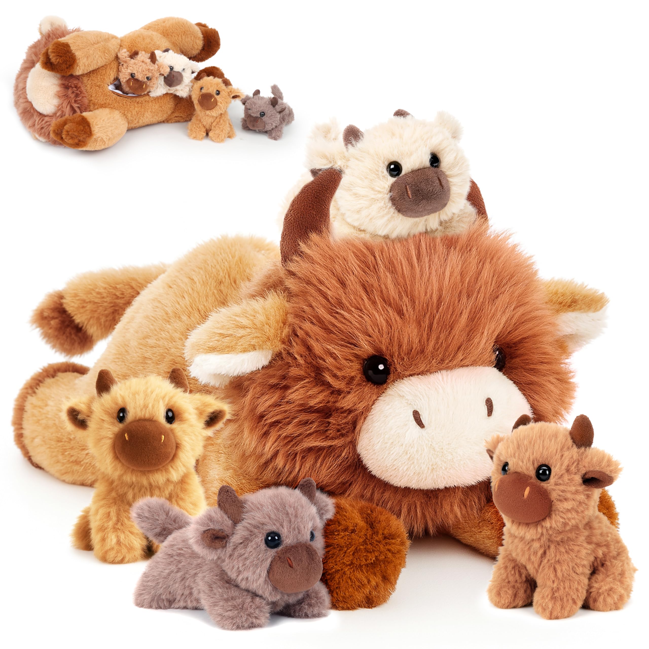 Easfan Highland Cow mom lying with four babies inside for imaginative play