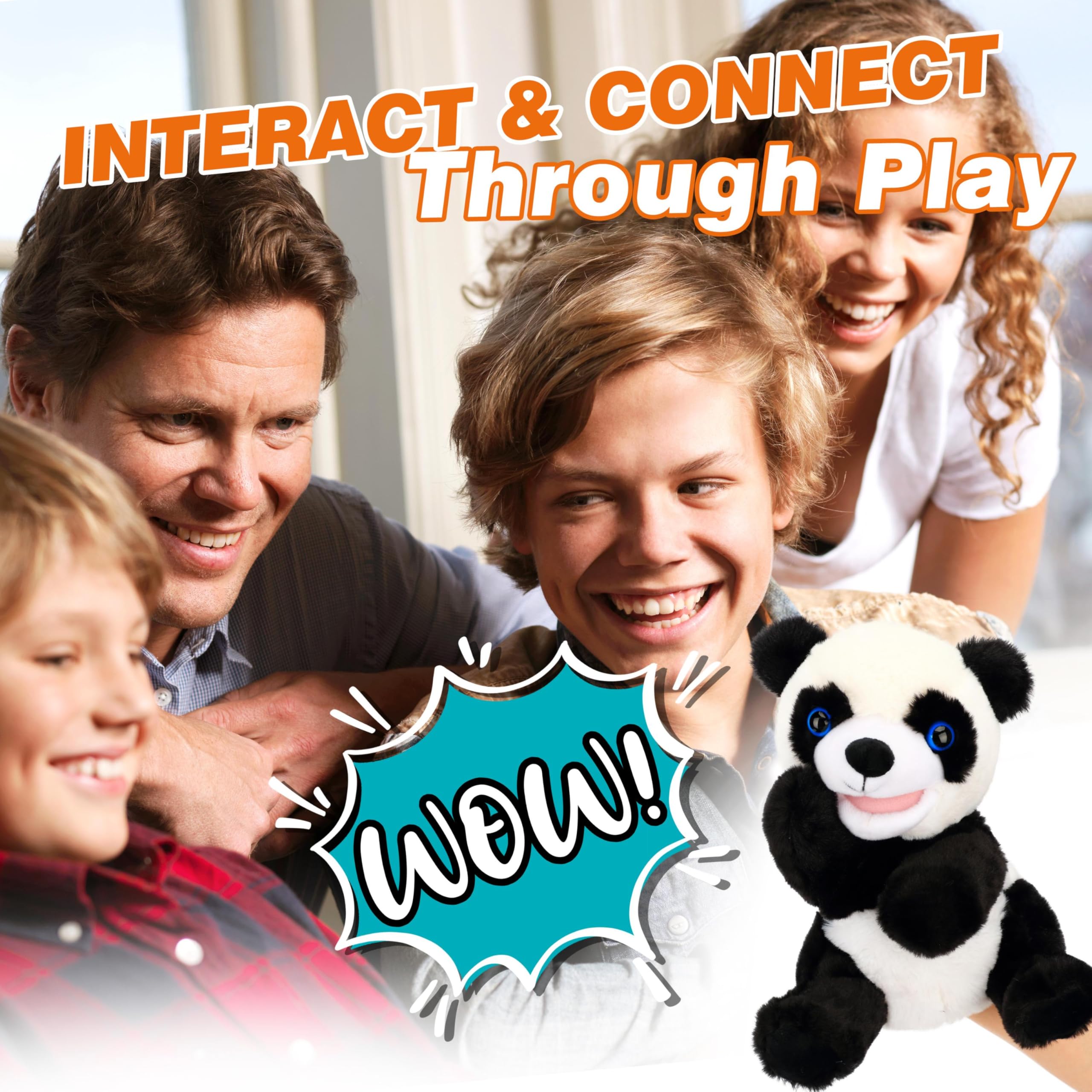 Close up of Easfan Panda hand puppet showing soft plush fur for cozy play