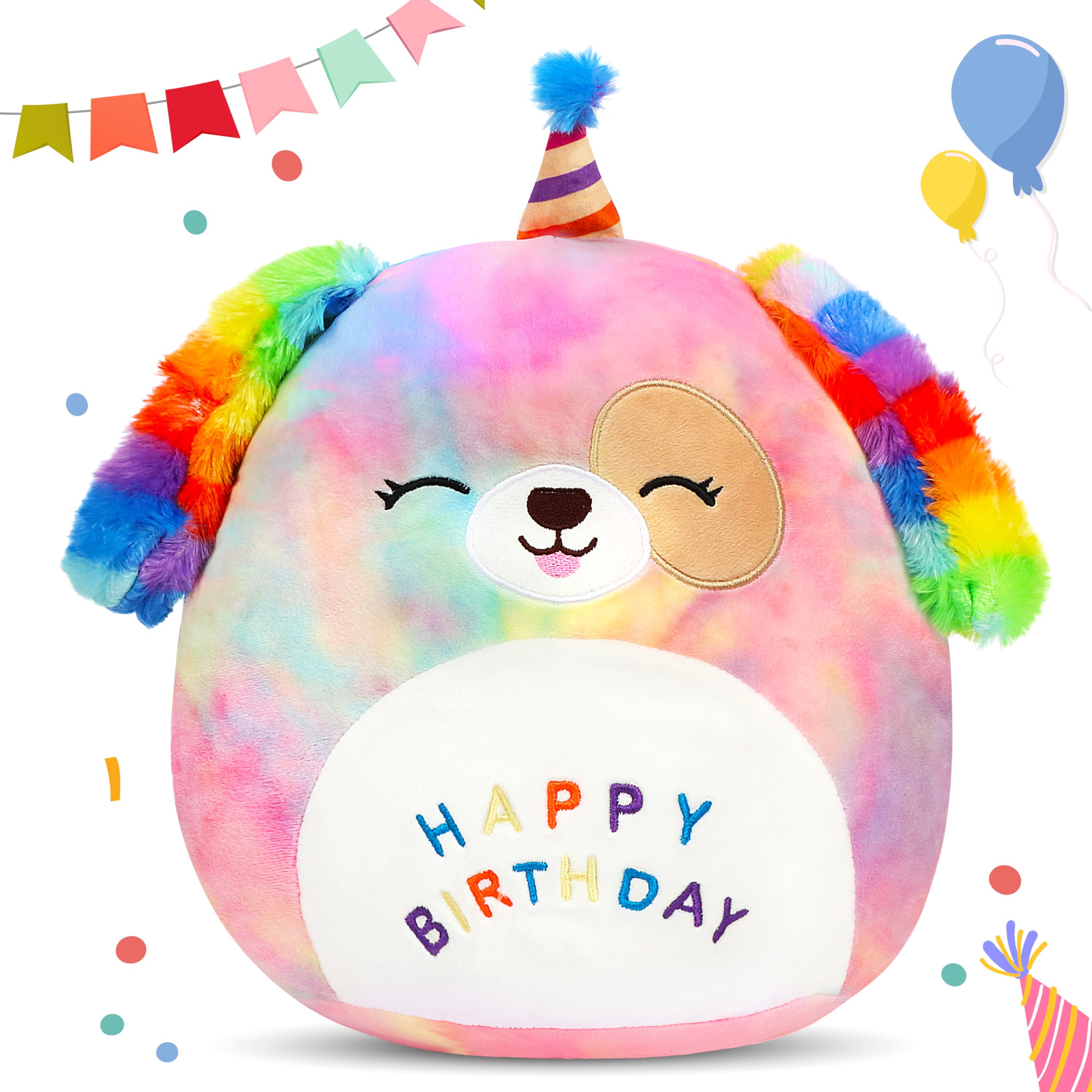 Easfan rainbow birthday dog plush pillow front view for cozy playtime