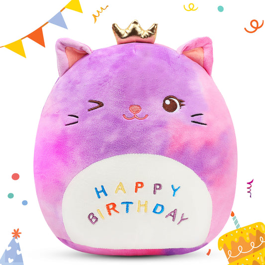 Easfan rainbow birthday kitty pillow with crown for colorful comfort