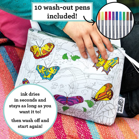 eatsleepdoodle butterfly crossbody bag coloring setup with kid-friendly markers for creative play