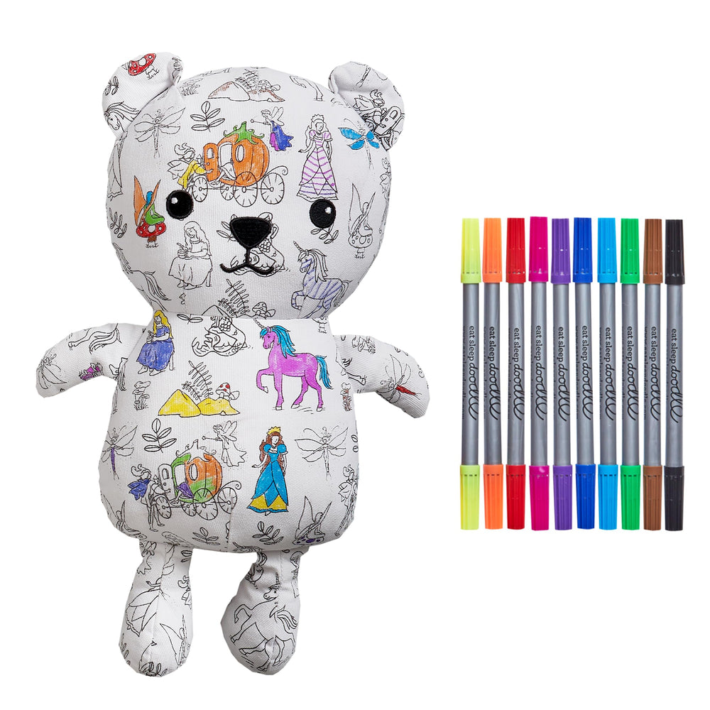 Eatsleepdoodle Coloring Bear plush with washable markers for easy re-coloring sessions.