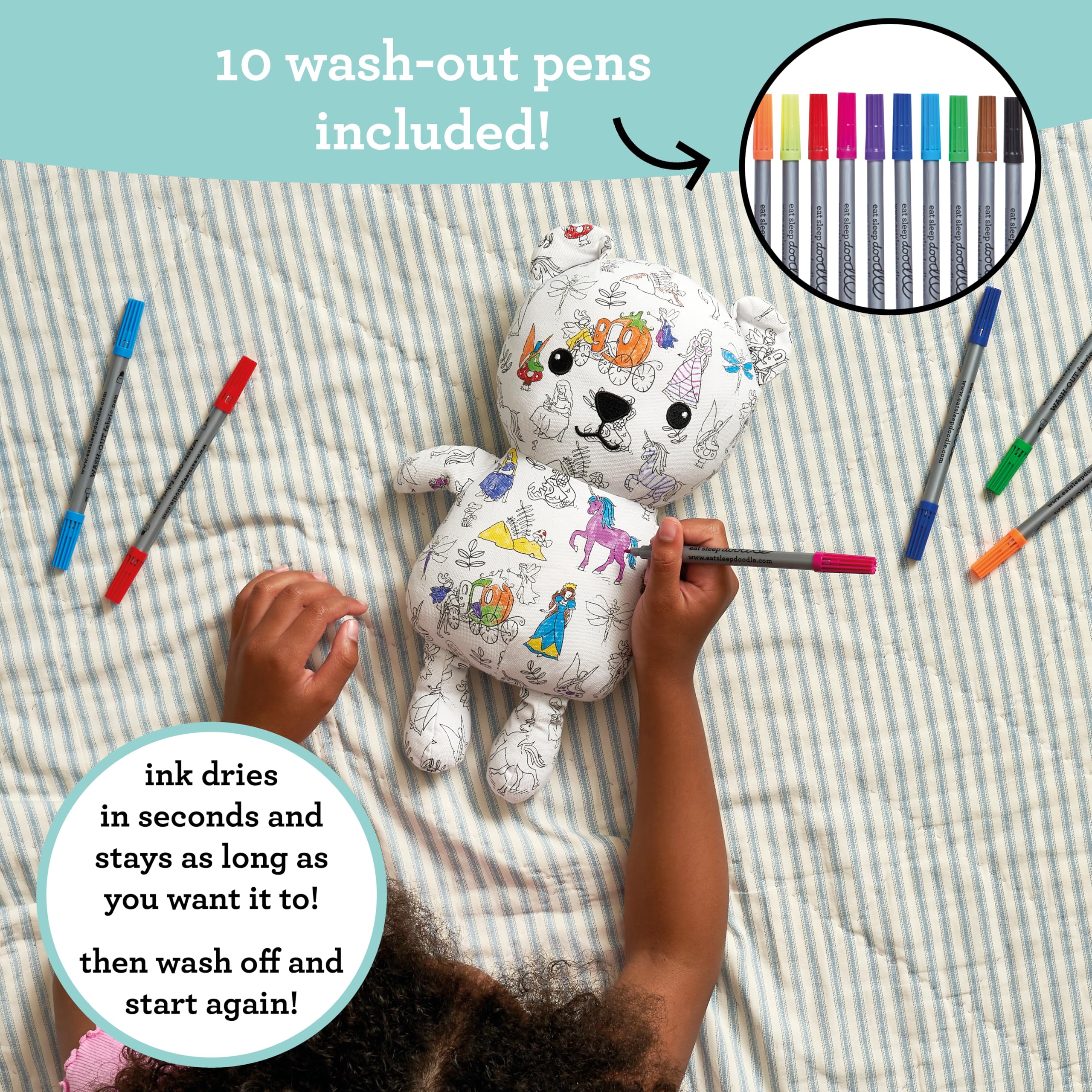 Soft plush texture paired with bright markers sparks imaginative art and motor play.