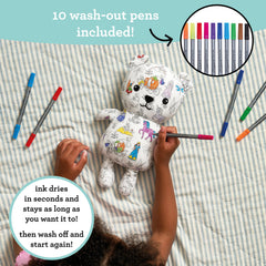 Soft plush texture paired with bright markers sparks imaginative art and motor play.