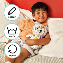 Reusable plush bear designed for washing and re-coloring after color changes.