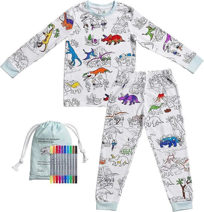 Eatsleepdoodle kids coloring pajama set with dinosaur design for creative bedtime fun.