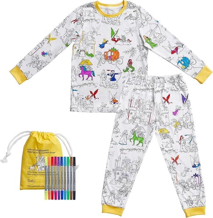 eatsleepdoodle Kids Coloring Pajama Set packaging showcasing wearable art for bedtime.