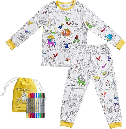 eatsleepdoodle Kids Coloring Pajama Set packaging showcasing wearable art for bedtime.