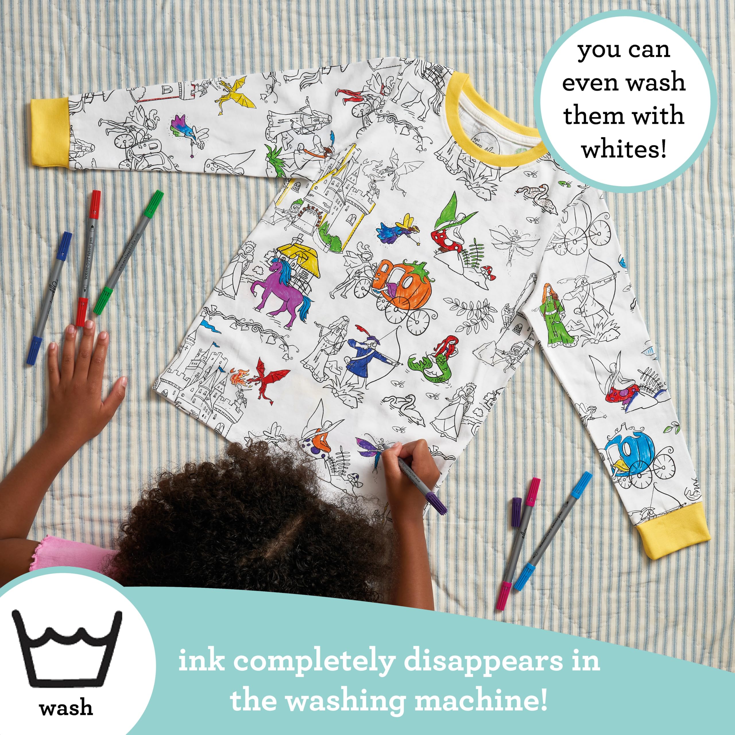 Close-up of soft 100% cotton fabric on eatsleepdoodle coloring pajamas for comfort.