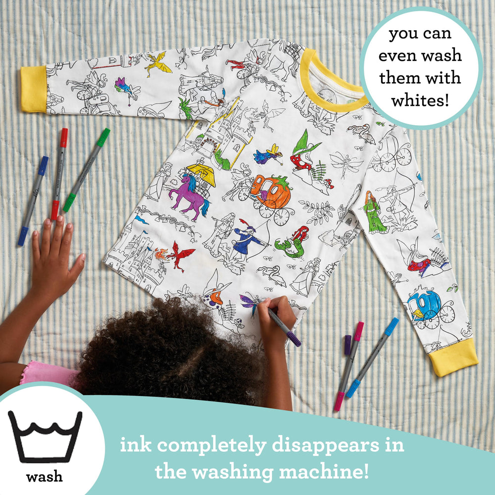 Close-up of soft 100% cotton fabric on eatsleepdoodle coloring pajamas for comfort.