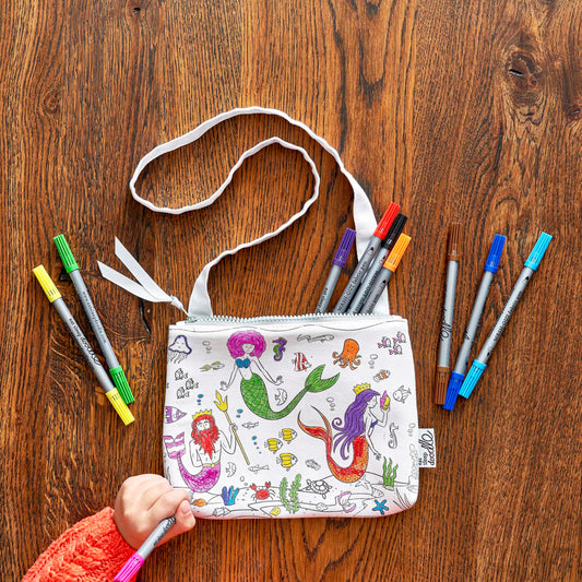 eatsleepdoodle mermaid crossbody bag with included washable markers for coloring fun