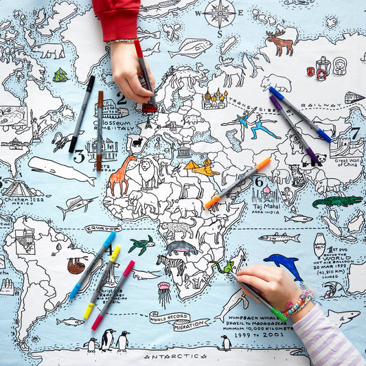 eatsleepdoodle world map tablecloth front view for coloring and meals