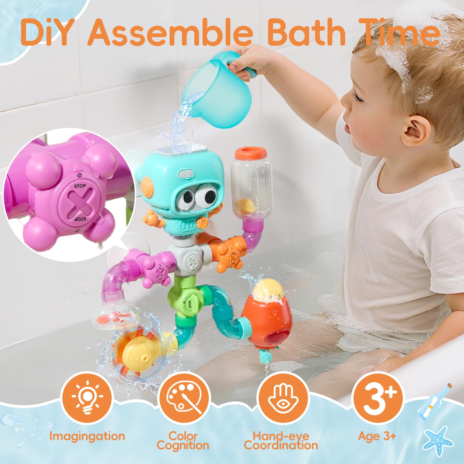 EazierWizter bath toy components include pipes, cups, and valves for exploration.