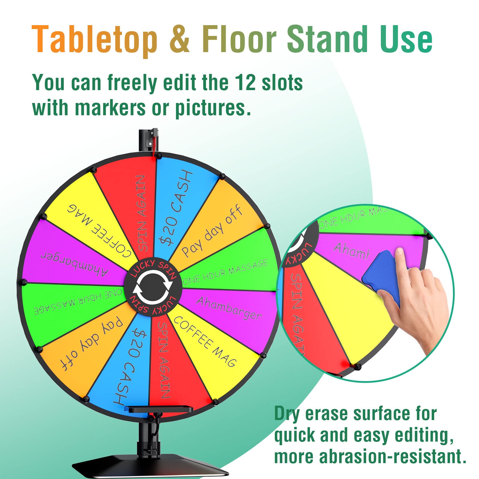 EBLIKI dry-erase surface for easy prize updates between rounds.