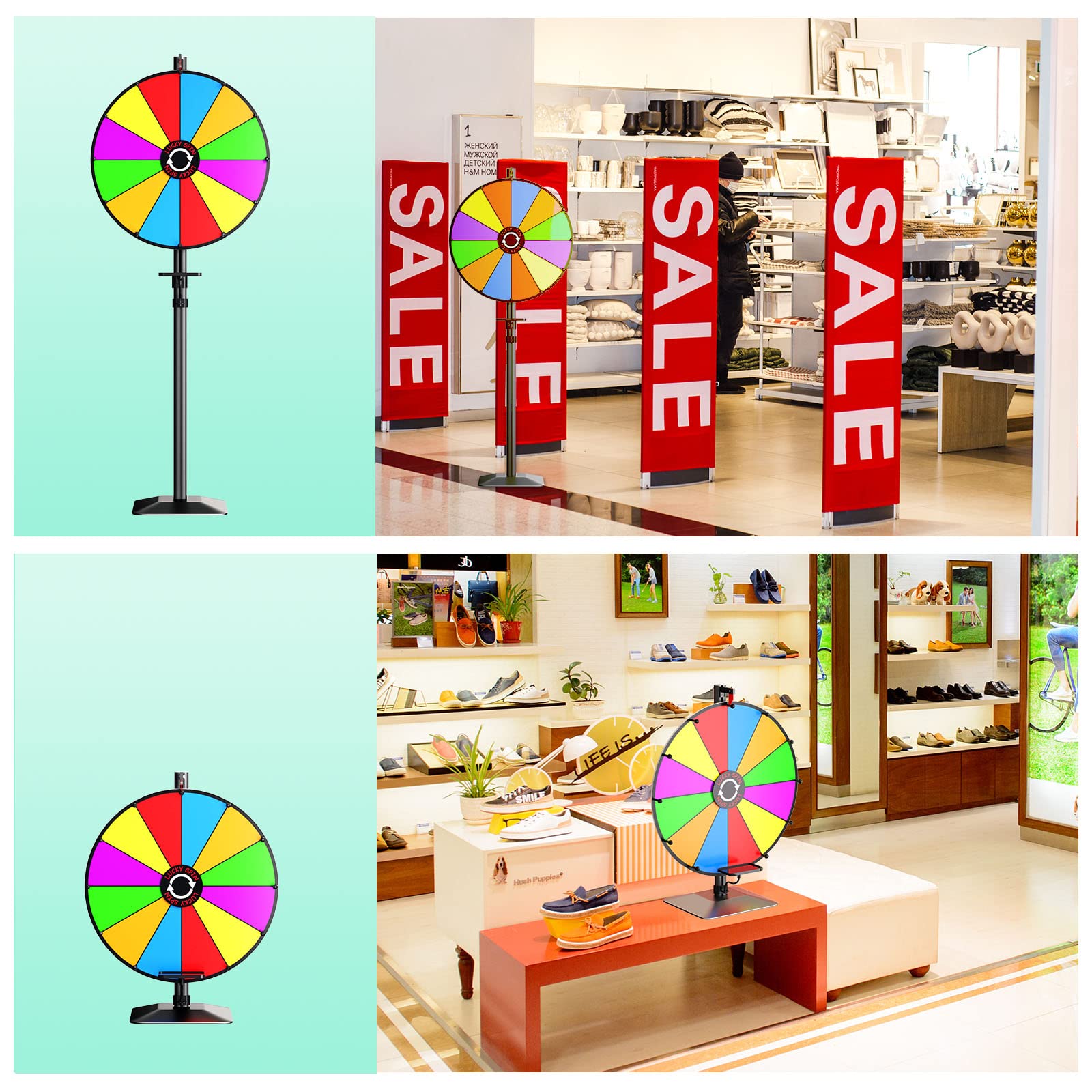 EBLIKI prize wheel on adjustable floor stand for versatile venue use.