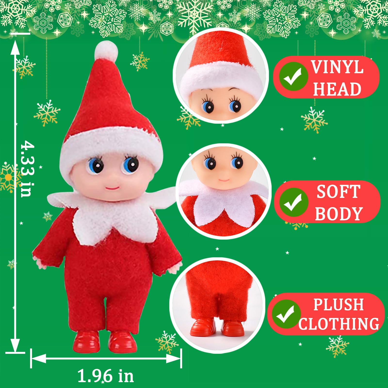 eboozone Tiny Elf Baby Doll side profile, perfect stocking stuffer and festive table decor.